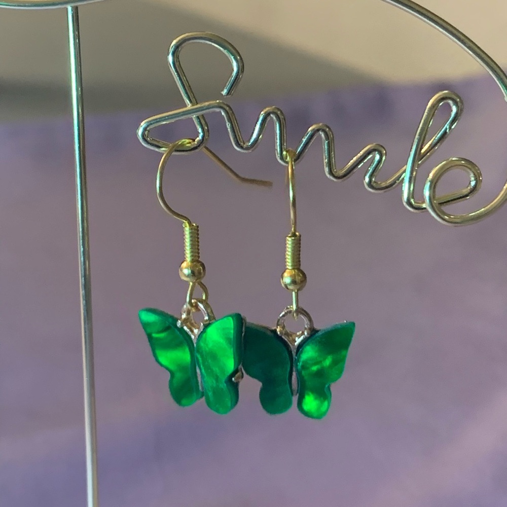 Shining Green Butterly Earrings Gold Tone Hooks
